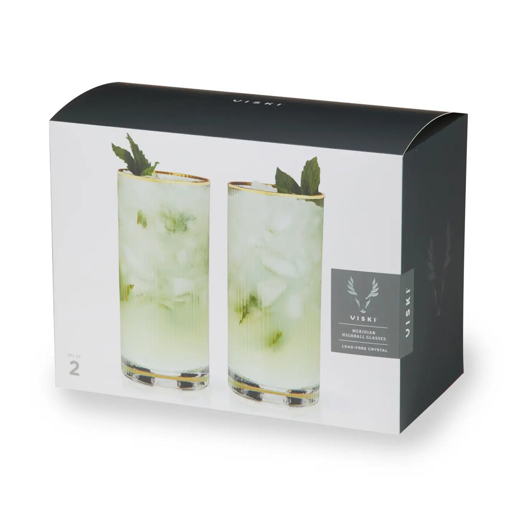 Deco Meridian Gold Rimmed Crystal Highball Glasses - Set of 2