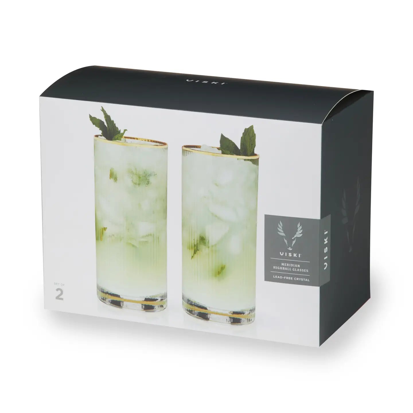 Deco Meridian Gold Rimmed Crystal Highball Glasses - Set of 2