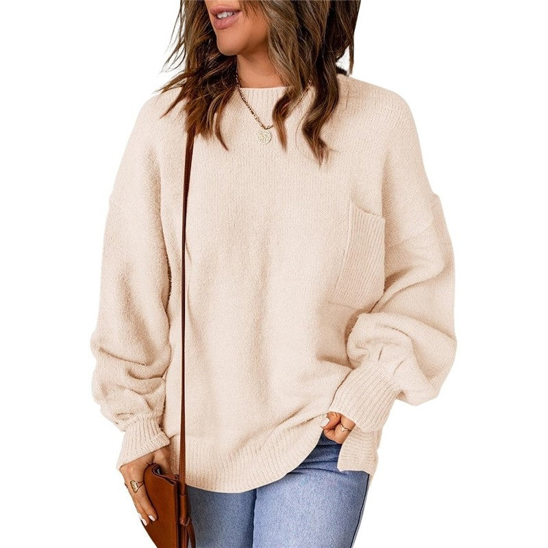 Loose Round Neck Lantern Sleeve Solid Color Sweater