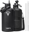 One Gallon Water Bottle,128oz Insulated Water Flask Stainless Steel Vacuum, Cold for 48 Hrs,BPA-Free & Leakproof -with Paracord Handle,Strap,Straw Spout Lids,Large Jug for Gym Sports,Black