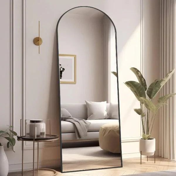 MELOMOIR Arched Floor Mirror, Leaning Hanging Mirror with Aluminum Frame, for Living Room, Bedroom, Cloakroom, Hallway, Black