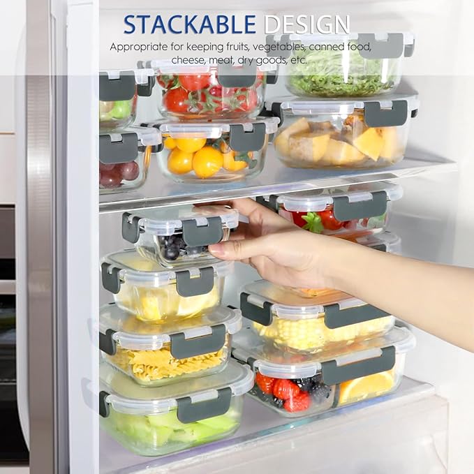 42pcs Glass Food Storage Containers with Lids Set, 21 Containers & 21 Lids Include One 2 Compartments Glass Meal Prep Containers with Snap Locking Lid Set, Leak Proof Lunch Container BPA-Free,Grey