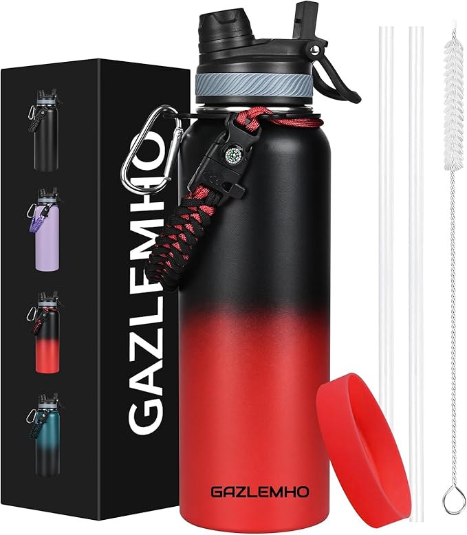 40 oz Insulated Water Bottle with Straw& Spout 2-in-1 Lid, Triple Wall Vacuum Stainless Steel Cold 48H, Leak Proof Sports Metal Flask Jug with Paracord Handle, Black Red
