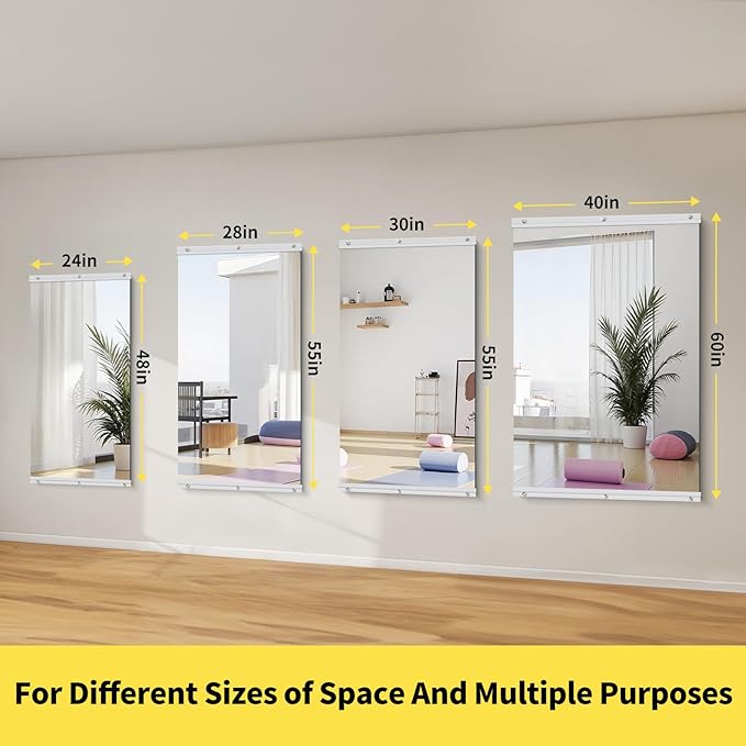 Home Gym Mirror - 48x24 Inch, 1PCS Frameless Tempered Glass Full Body Mirror for Wall Mount - Ideal for Yoga, Workout, Bedroom, Dance Studio (Silver)