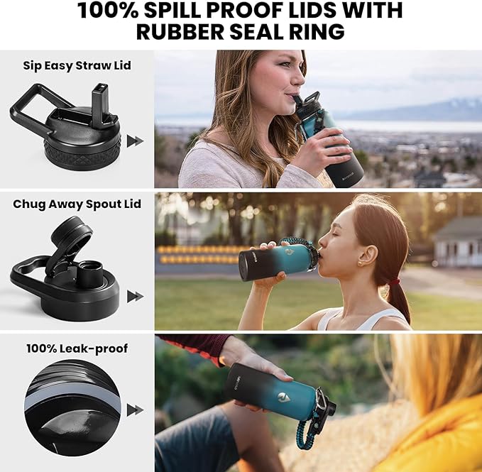 Insulated Water Bottle 32 oz, Triple Wall Vacuum Stainless Steel (Cold for 48 Hrs, Hot for 24Hrs), Leak Proof & Non-BPA, 32oz Hydro Water Flask with Paracord Handle & Straw Spout Lids