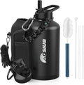 Insulated Water Bottle 64 oz, Triple Wall Vacuum Stainless Steel(Cold for 48 Hrs),Leak Proof & BPA-Free,Half Gallon Water Bottle with Reflective Paracord & Flip Straw for Sports & Travel, Black
