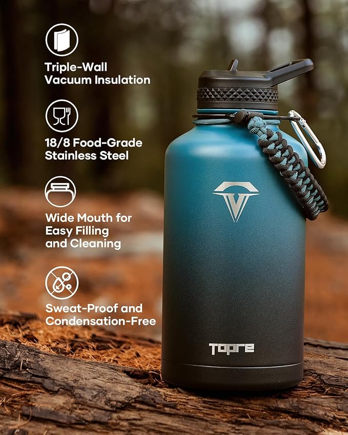 64 oz Insulated Water Bottle,Half Gallon Water Flask Stainless Steel Vacuum, Cold for 48 Hrs,BPA-Free & Leakproof -with Paracord Handle, Strap,Straw Spout Lids,Large Jug for Gym,Indigo Black