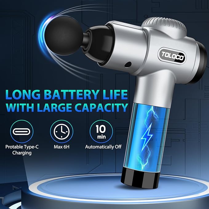 TOLOCO Massage Gun, Muscle Massage Gun Deep Tissue for Athletes with 10 Massage Heads, Electric Percussion Massager for Any Pain Relief, Gifts for Fathers Day, Silver