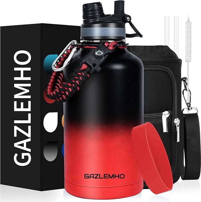 Insulated Water Bottle 64 oz, Half Gallon Water Jug Cold 48H, BPA Free Stainless Steel Bottles with Straw/Chug 2-in-1 Lid, Bag, Paracord Handle, Silicone Boot, Sports Gym School Metal Flask