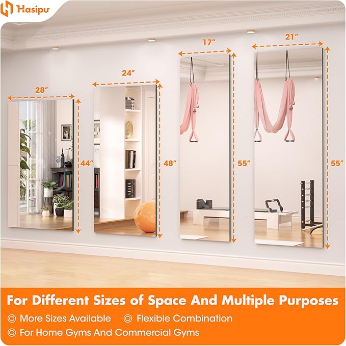 Hasipu Home Gym Mirror 55" L x 17" W - 3PCS Large Full Body Mirror for Yoga, Wall-Mounted Mirrors for Fitness, Garage, Dance Studio, 0.16in Tempered Glass Frameless