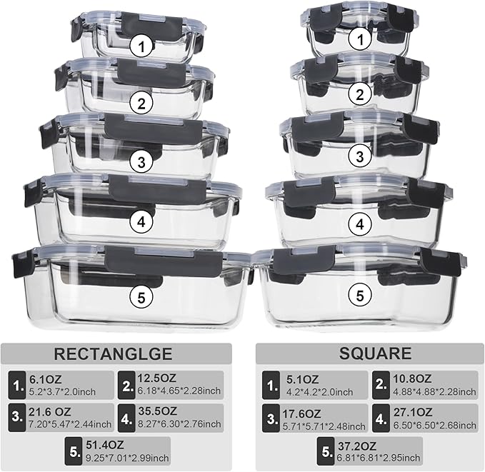 Glass Food Storage Containers with Lids Airtight, Glass Meal Prep Containers for Lunch, Glass Container Set, BPA Free（20 Pieces）