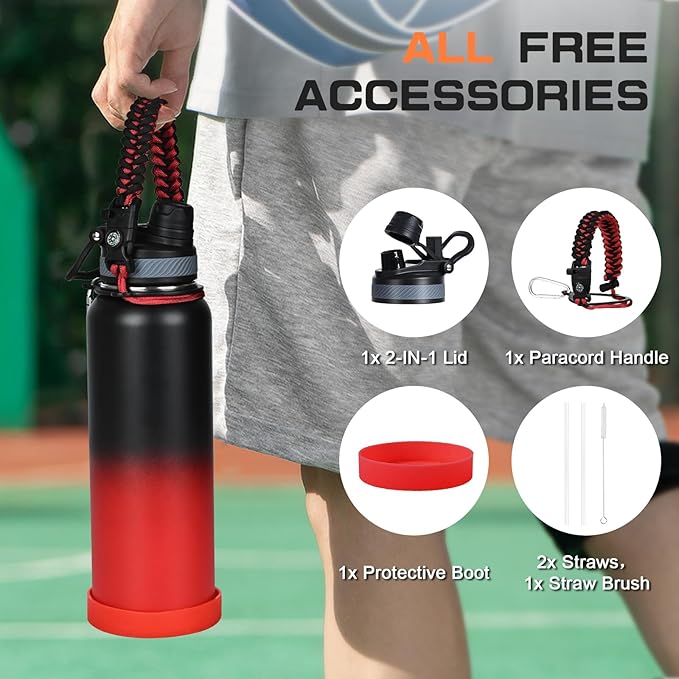 40 oz Insulated Water Bottle with Straw& Spout 2-in-1 Lid, Triple Wall Vacuum Stainless Steel Cold 48H, Leak Proof Sports Metal Flask Jug with Paracord Handle, Black Red