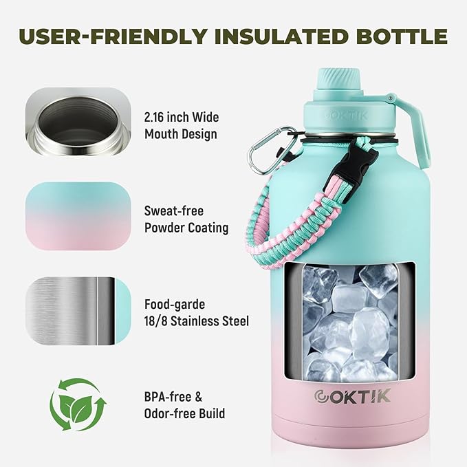 Half Gallon Insulated Water Bottle, 64 oz Triple Wall Stainless Steel Flask, Cold for 48 Hrs Leak-Proof & BPA-Free Jug with Paracord Handle, Straw & Spout Lids(2 pack,Mix Color)