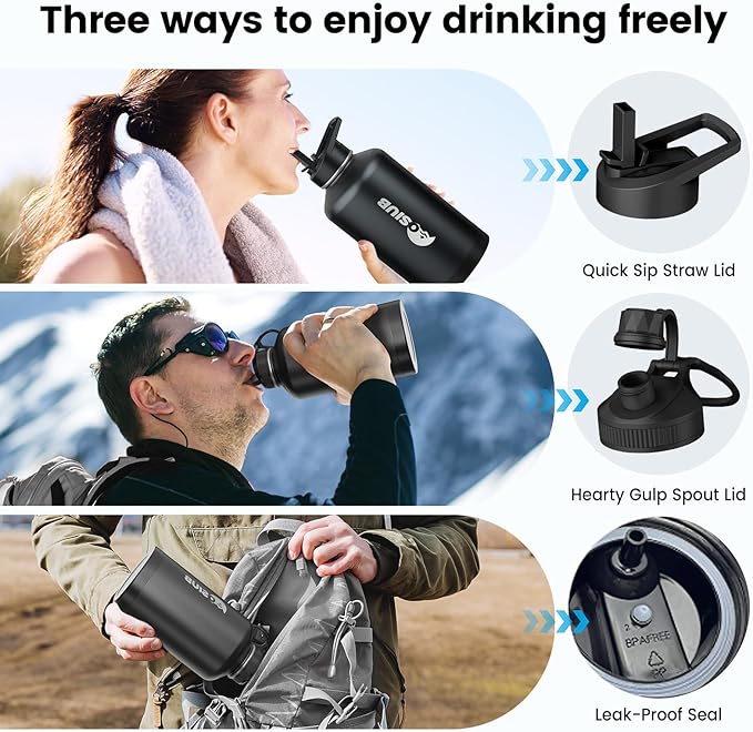 Insulated Water Bottle 64 oz, Triple Wall Vacuum Stainless Steel(Cold for 48 Hrs),Leak Proof & BPA-Free,Half Gallon Water Bottle with Reflective Paracord & Flip Straw for Sports & Travel, Black