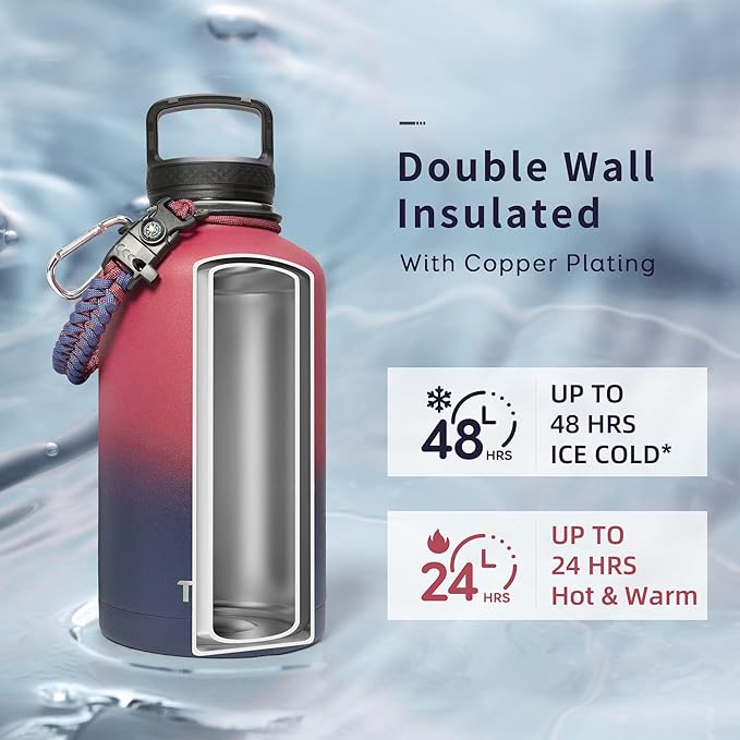 Trebo Insulated Water Bottle 64 oz, Half Gallon Metal Vacuum Water Jug with Paracord Handle and 3 Lids, Leakproof BPA-Free Flask for Gym Sports Hiking Travel, Keep Cold 48 Hours, Ruby Red