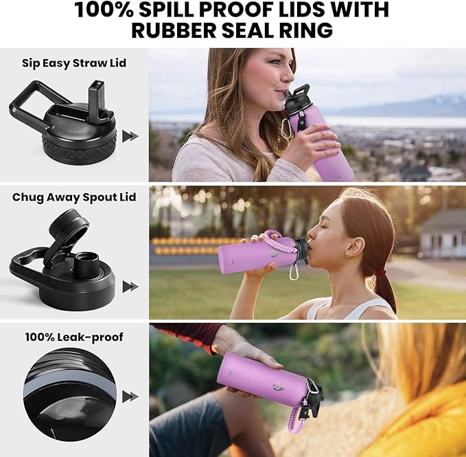 Insulated Water Bottle 40 oz, Triple Wall Vacuum Stainless Steel (Cold for 48 Hrs), Leak Proof & Non-BPA, Modern Water Flask Jug with Paracord Handle & Straw Spout Lids, Lilac