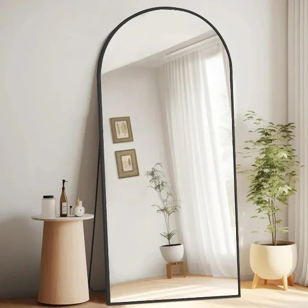 MELOMOIR Arched Floor Mirror, Leaning Hanging Mirror with Aluminum Frame, for Living Room, Bedroom, Cloakroom, Hallway, Black