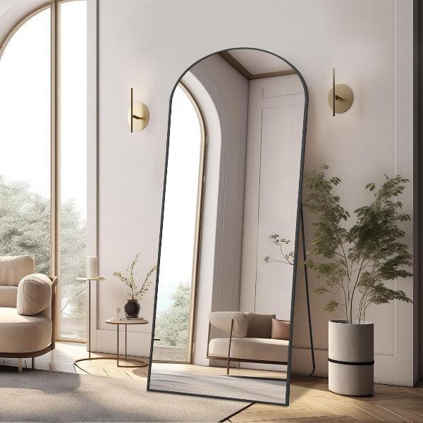 MELOMOIR Arched Floor Mirror, Leaning Hanging Mirror with Aluminum Frame, for Living Room, Bedroom, Cloakroom, Hallway, Black