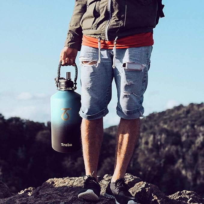 Trebo One Gallon Water Bottle Insulated with Paracord Handle,128oz Large Stainless Steel Water Jug,Vacuum Double Wall Insulated 24hr Cold Retention,Leakproof Flask with 3 Lids,Indigo Black