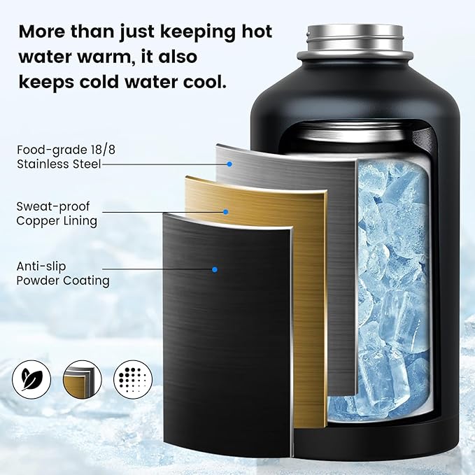 Insulated Water Bottle 87 oz, Triple Wall Vacuum Stainless Steel(Cold for 48 Hrs),Leak Proof & BPA-Free,Half Gallon Water Bottle with Reflective Paracord & Flip Straw for Sports & Travel, Black