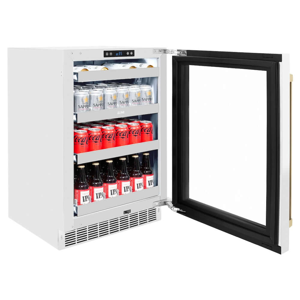 ZLINE 24" Touchstone 151 Can Beverage Fridge White Matte Glass Door Champagne Bronze Handle RBSOZ-WM-24-CB
