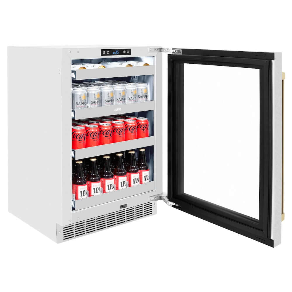 ZLINE 24" Touchstone 151 Can Beverage Fridge DuraSnow® Stainless Steel Glass Door And Champagne Bronze Handle RBSOZ-SN-24-CB