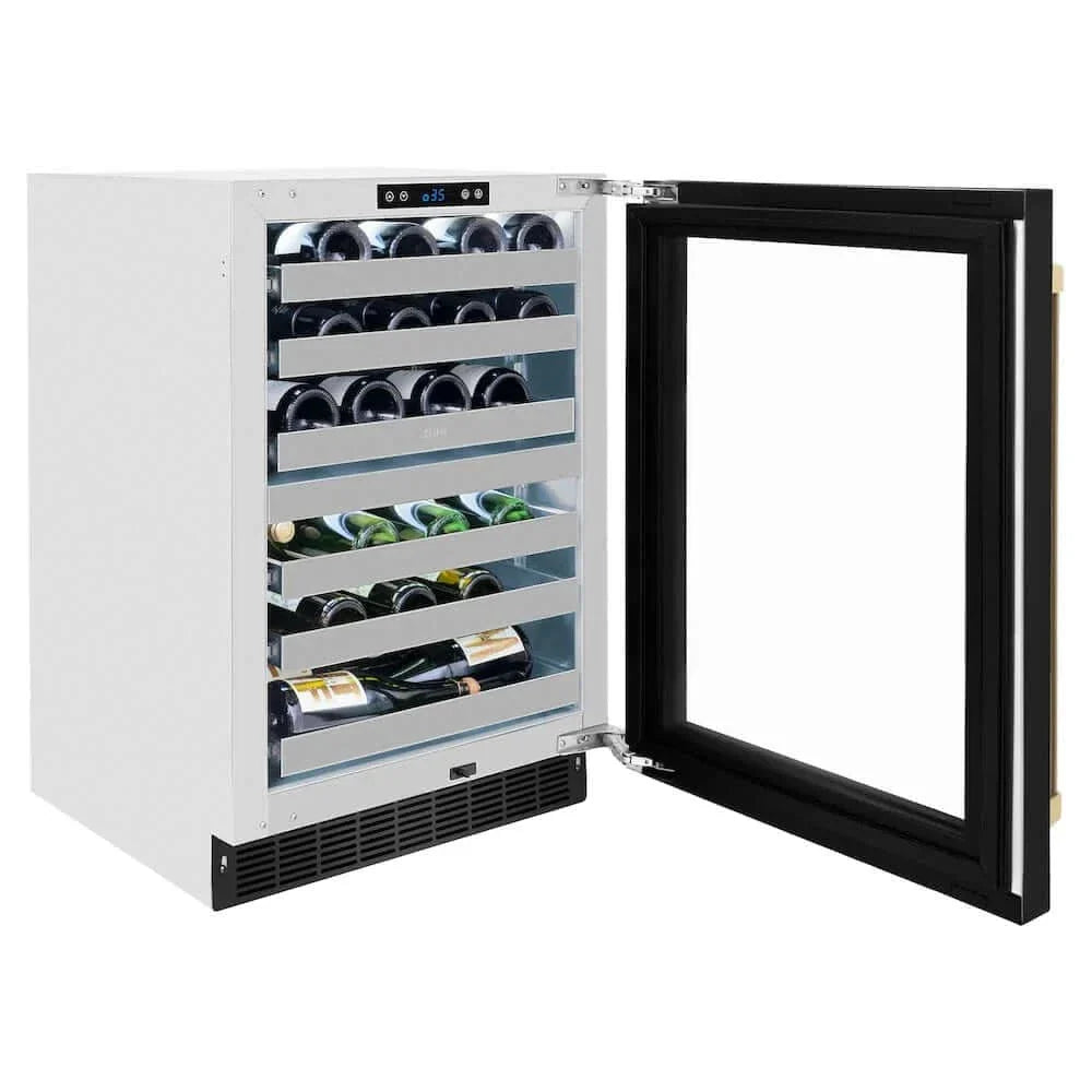 ZLINE 24" Touchstone Dual Zone 44 Bottle Wine Cooler Black Stainless Steel Glass Door Champagne Bronze Handle  RWDOZ-BS-24-CB