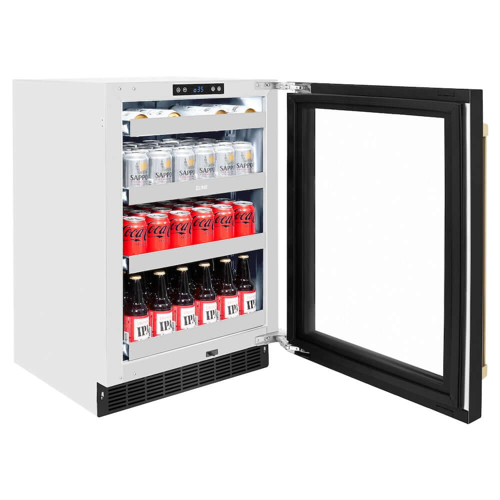 ZLINE 24" Touchstone 151 Can Beverage Fridge Black Stainless Steel Glass Door Champagne Bronze Handle RBSOZ-BS-24-CB