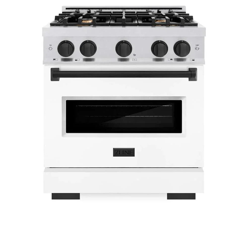 ZLINE 30"Classic Gas Range, Convection Gas Oven, DuraSnow® Stainless Steel, White Matte Door Matte Black CGRSZ-WM-30-MB