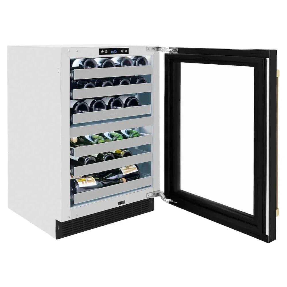 ZLINE 24" Touchstone Dual Zone 44 Bottle Wine Cooler Black Matte Glass Door Champagne Bronze Handle RWDOZ-BLM-24-CB