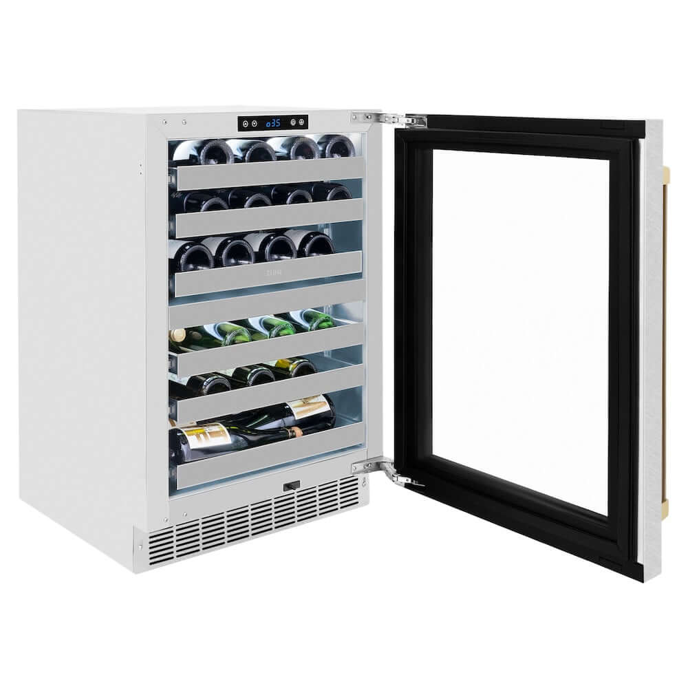ZLINE 24" Touchstone Dual Zone 44 Bottle Wine Cooler DuraSnow® Stainless Steel Glass Door Champagne Bronze Handle RWDOZ-SN-24-CB