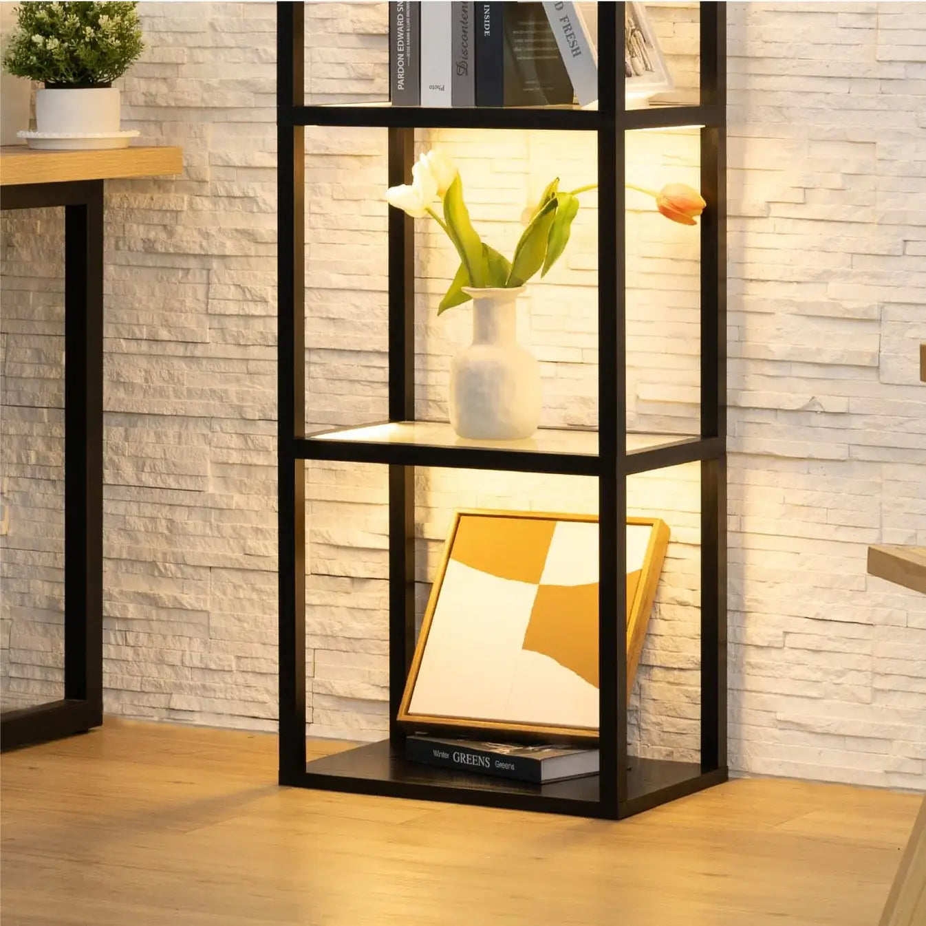 Luxury Glass Display Shelf with Dimmable Led Floor Lamp - 66”