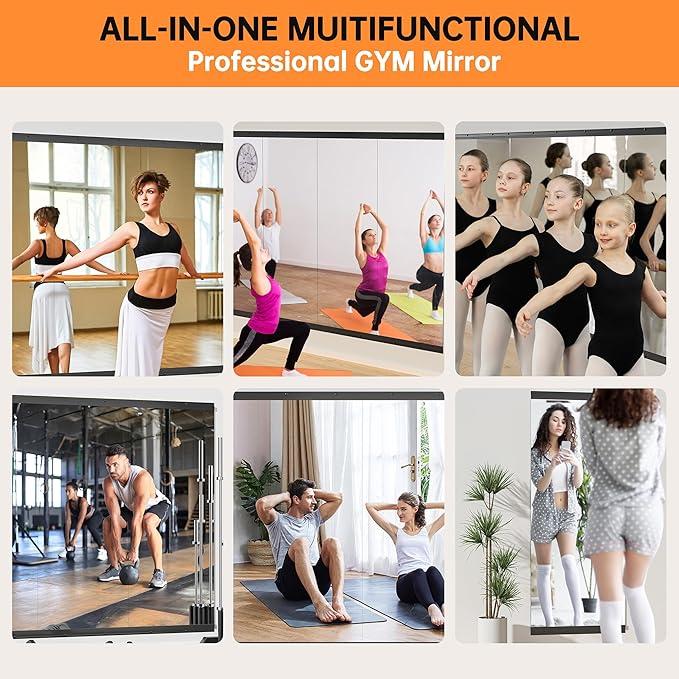 Hasipu 2 Pcs 48''x30'' Home Gym Mirror Large Full Length Wall Mounted Full Body Mirror for Yoga Dance Fitness Exercise Studio Bedroom Garage, Frameless Tempered Glass Workout Mirrors Black Rectangular