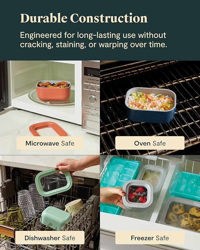 Caraway 2pc Glass Food Storage Set - 1.75 Cup Food Containers (2) - Non-Toxic Ceramic-Coated Glass - Air Release Technology - Compact & Stackable Design - Navy