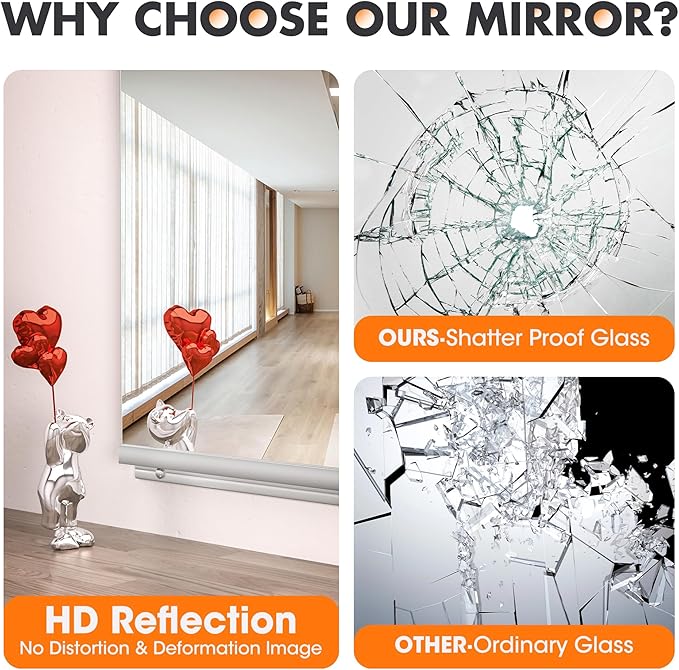 Hasipu Home Gym Mirror 55" L x 17" W - 3PCS Large Full Body Mirror for Yoga, Wall-Mounted Mirrors for Fitness, Garage, Dance Studio, 0.16in Tempered Glass Frameless
