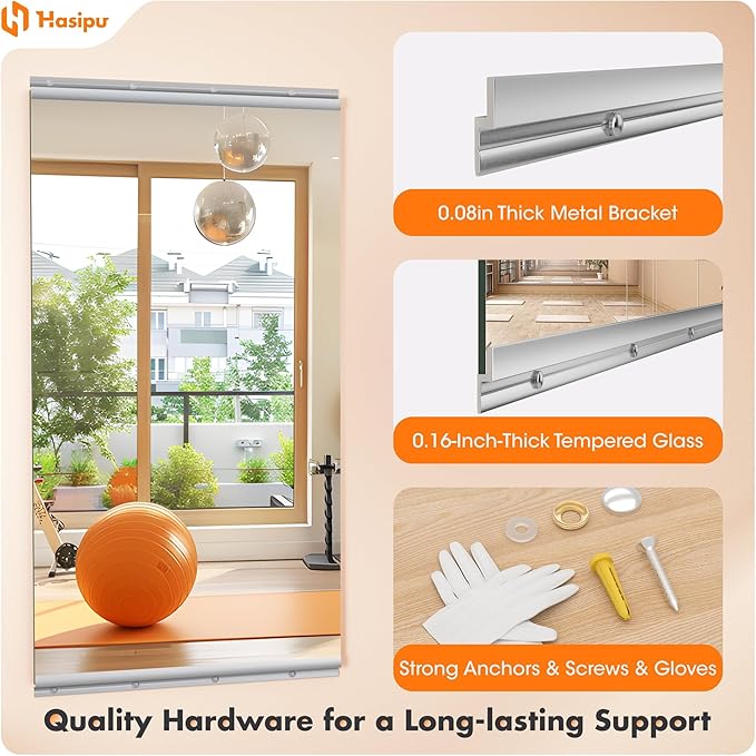 Hasipu Home Gym Mirror 48" L x 30" W - 1PC Large Full Body Mirror for Yoga, Wall-Mounted Mirrors for Fitness, Garage, Dance Studio, 0.16in Tempered Glass Frameless