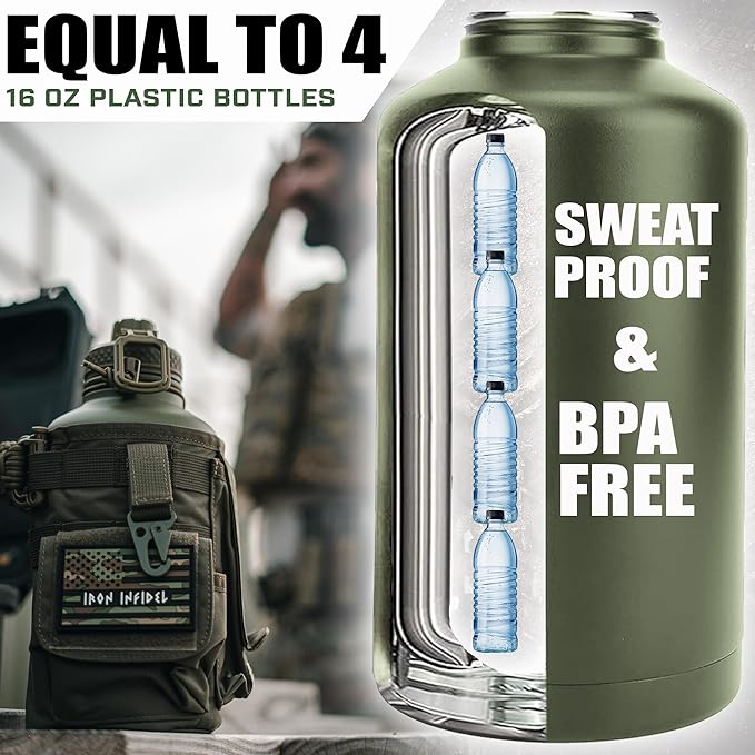 Iron Infidel Battle Bottle - Half Gallon Insulated Water Bottle with Paracord Handle, Large 64 oz Stainless Steel Water Jug with Rugged, Removable Sleeve for Keys, Wallet, & Phone (Live Free 2 Liter)