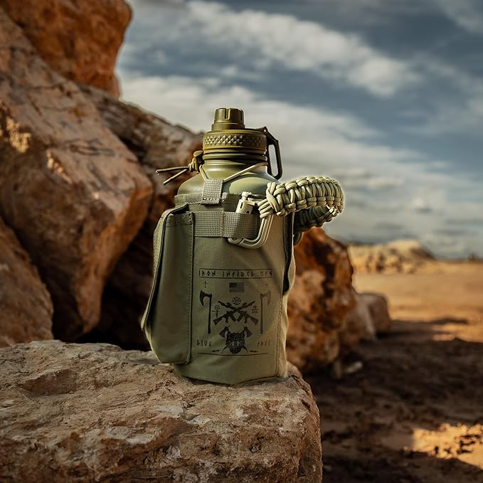 Iron Infidel Battle Bottle - Half Gallon Insulated Water Bottle with Paracord Handle, Large 64 oz Stainless Steel Water Jug with Rugged, Removable Sleeve for Keys, Wallet, & Phone (Live Free 2 Liter)