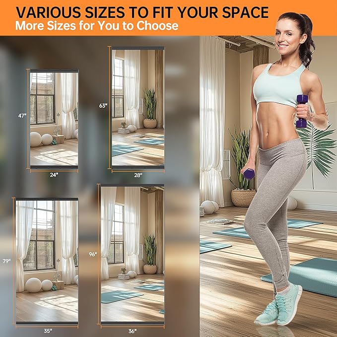 Hasipu 2 Pcs 48''x30'' Home Gym Mirror Large Full Length Wall Mounted Full Body Mirror for Yoga Dance Fitness Exercise Studio Bedroom Garage, Frameless Tempered Glass Workout Mirrors Black Rectangular