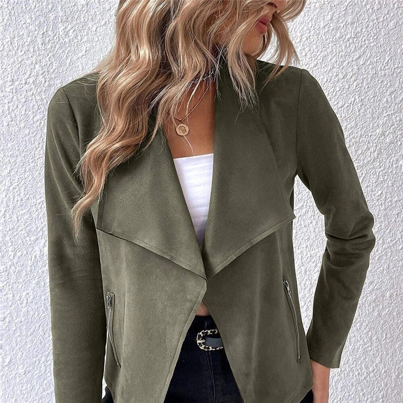 Faux Fur Collar Zip-Up Short Jacket with Long Sleeves