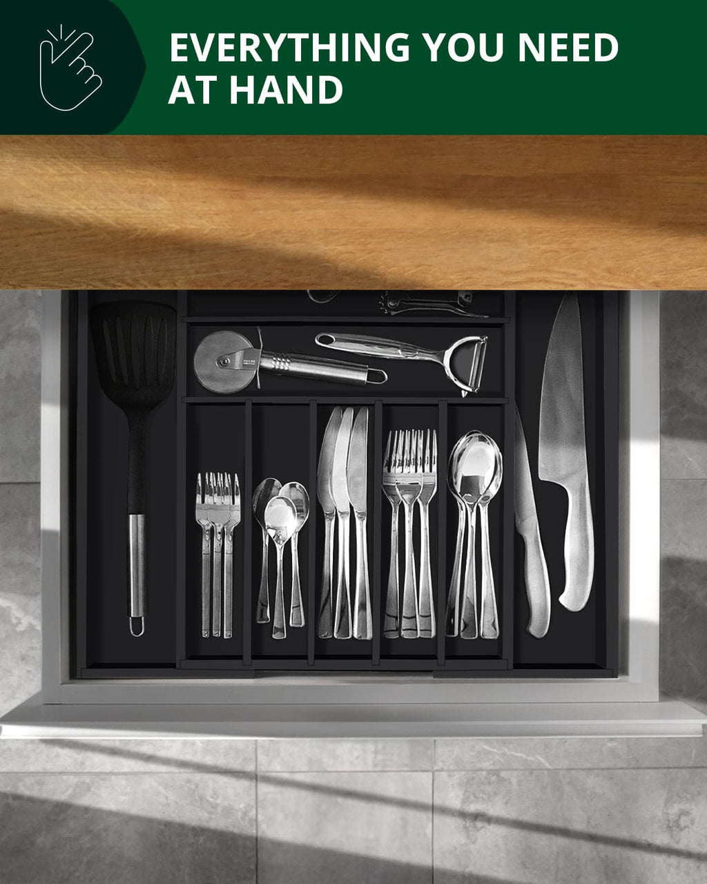 Silverware Drawer Organizer, Black (9 Slots)