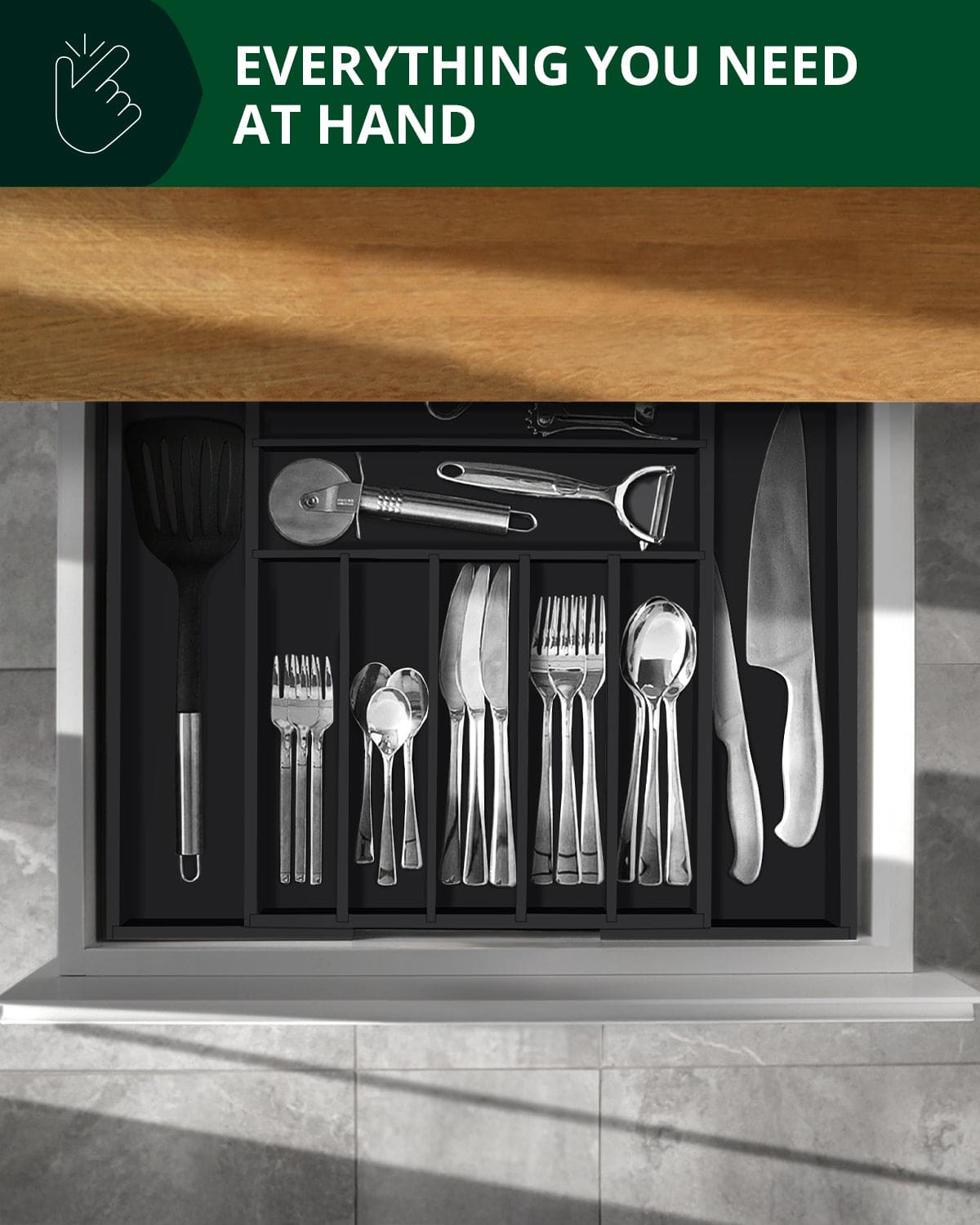 Silverware Drawer Organizer, Black (9 Slots)
