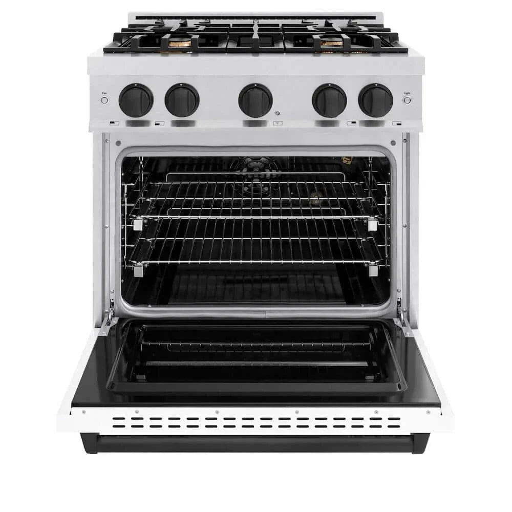 ZLINE 30"Classic Gas Range, Convection Gas Oven, DuraSnow® Stainless Steel, White Matte Door Matte Black CGRSZ-WM-30-MB