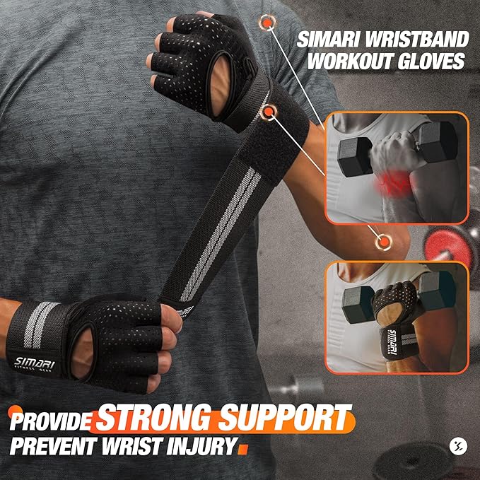 SIMARI Breathable Workout Gloves for Men Women, Padded Weight Lifting Gloves with Wrist Wraps Support, Full Palm Protection, Grip for Gym Training, Fitness, Weightlifting, Exercise Fingerless Black