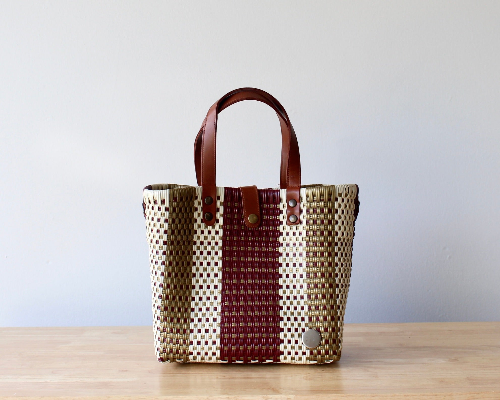 Vida Purse – Maroon, Gold & Beige Handwoven Purse with Leather Handles