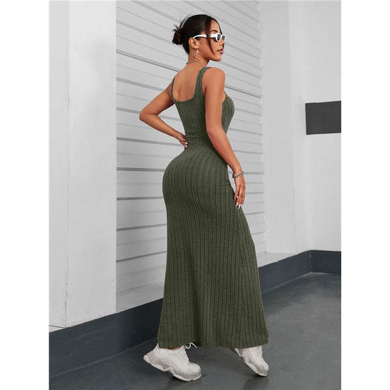 Solid Color Sleeveless Square Neck Knitted Maxi Dress