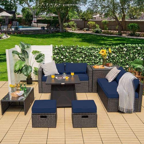 9 Piece Weatherproof Rattan Patio Conversation Set with 30 Inches Propane Fire Pit Table and Dust Covers-Navy