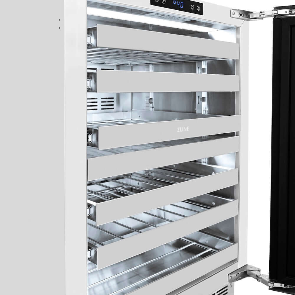 ZLINE 24" Touchstone Dual Zone 44 Bottle Wine Cooler White Matte Glass Door Matte Black Handle RWDOZ-WM-24-MB