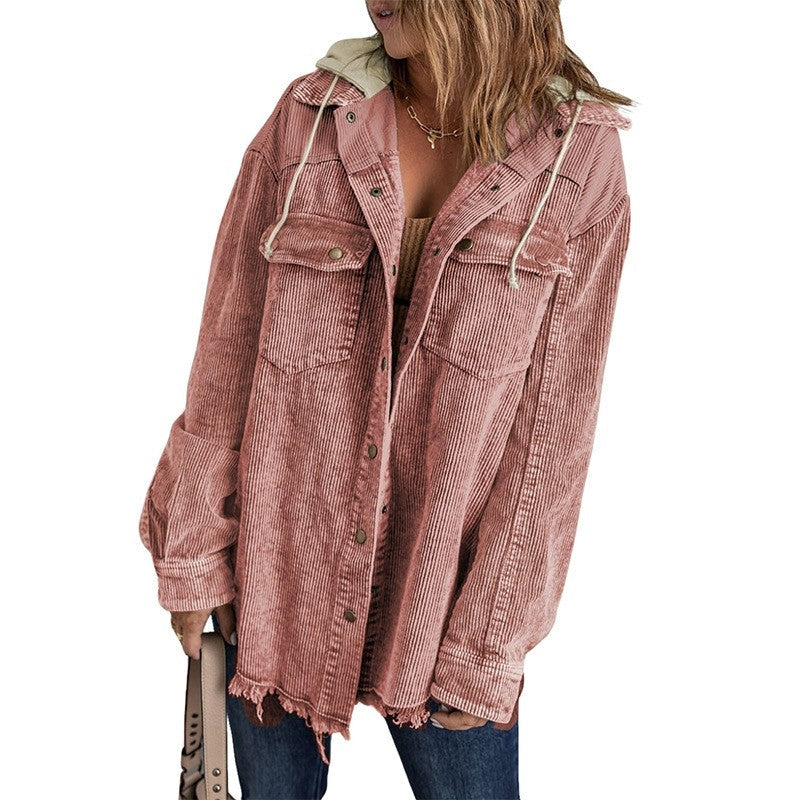 Loose Fit Color Block Hooded Corduroy Jacket