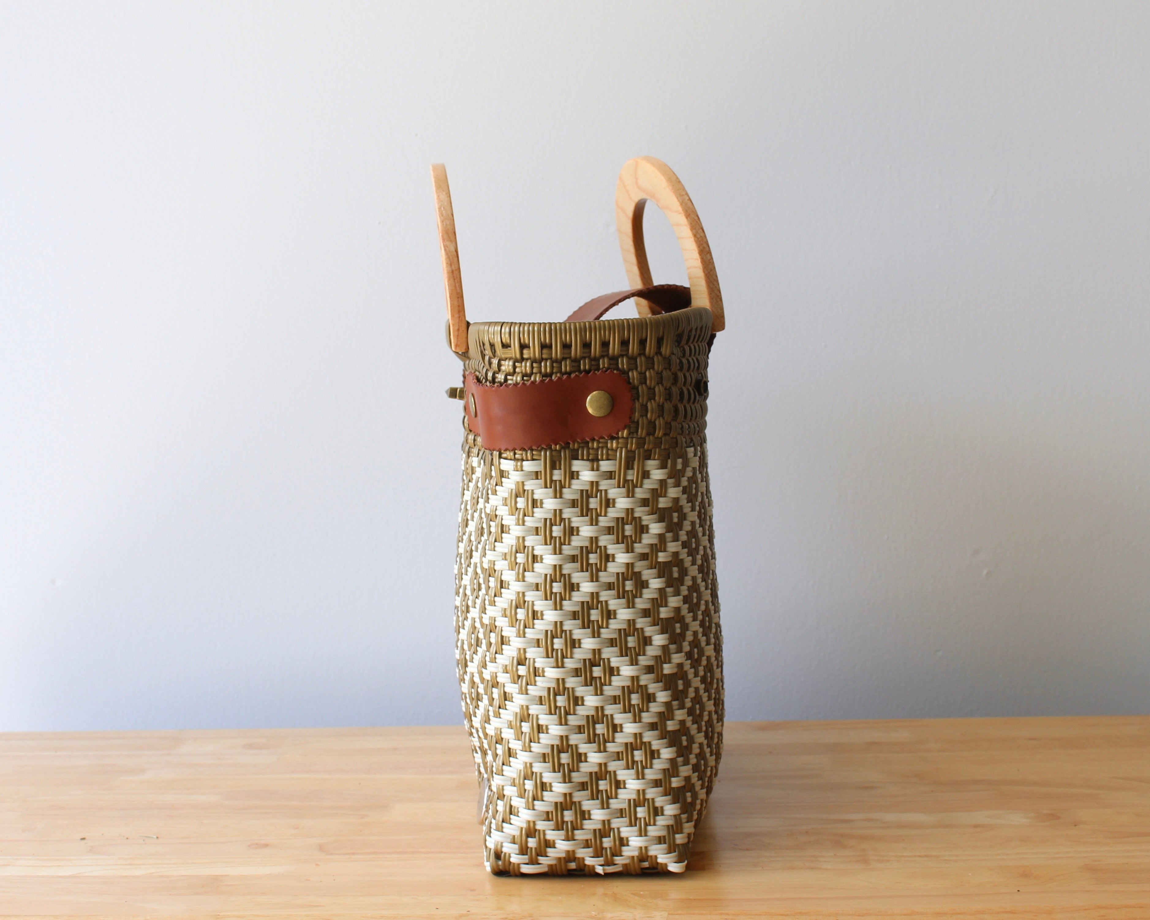 Beige & Gold Handwoven Tote with Wood Handle